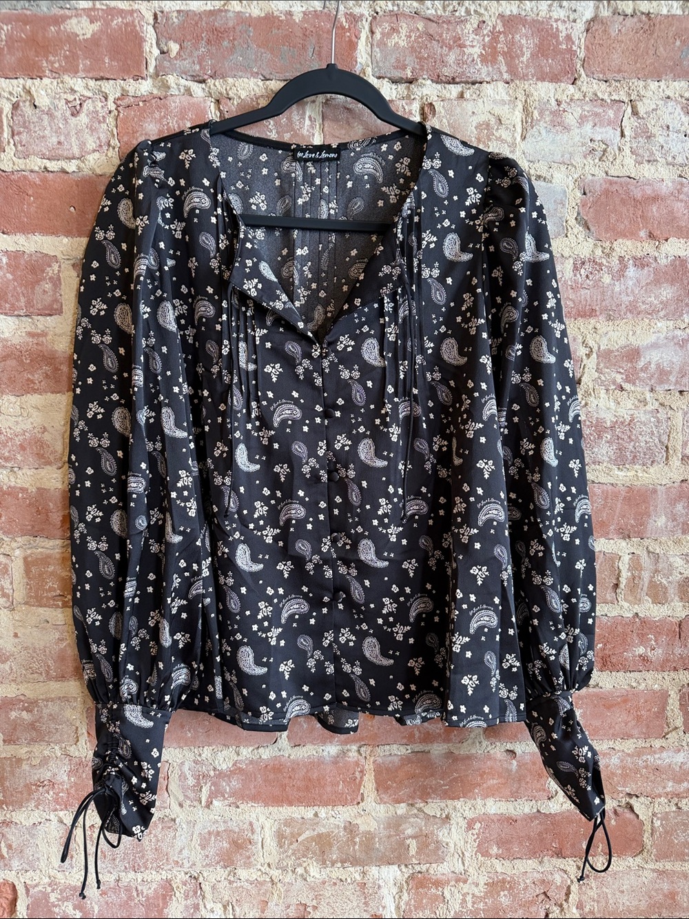 For Love and Lemons Black Paisley-Print Long Sleeve Blouse with Ivory Accents